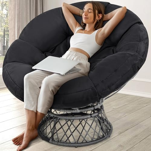 KROFEM 46 Giant Oversized Rattan Papasan Chair with Cushion and Frame for Adults, Fluid 360° Swivel, Waterproof, Grey Frame with Black Cushion