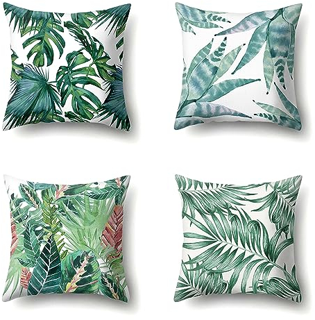 MQWDGJ 4er Set Kissenbezüge Tropische Blätter Grün Pflanze, Dekorativ Kissenhülle 45 x 45 cm, Tropische Pflanze Blätter Kissenbezug, Dekokissen Sofakissen für Couch Auto Schlafzimmer