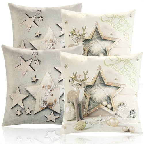 com-four® 4X Zierkissenbezug 45x45cm - Set Kissenhüllen mit Weihnachtsmotiv - dekorativer Bezug für Dekokissen, Sofakissen und Wurfkissen - Oxford-Gewebe (4X - Sterne+Hirsch)
