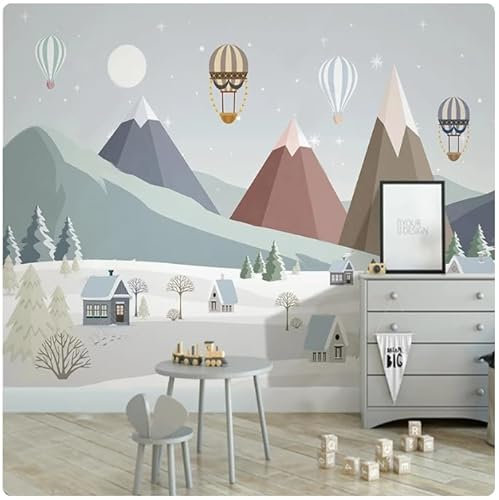 Fototapete 3D Effekt 3D Tapete Fototapete Cartoon Schnee Berg Ballon Landschaft Wandbild Studie Kinder Junge Schlafzimmer Wanddekoration 450Cm(W)*315Cm(H)