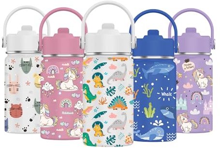 Mi Ko Mi Ka Botella de Agua para Niños de Acero Inoxidable 350ml - Térmica Reutilizable | Sin BPA | Mantiene 24H Frio / 12H Calor | Termo y Hermética - A Prueba de Fugas (Dinosaurios #C)
