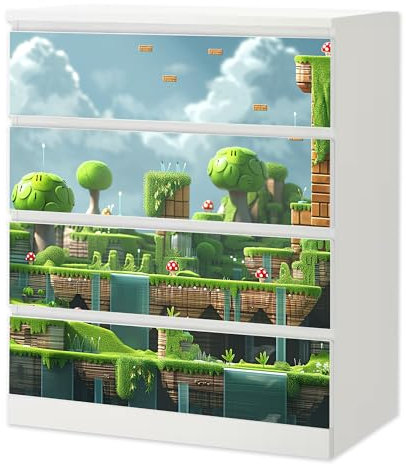 Sunnywall® Möbelfolie passend für IKEA Malm Kommode Schrankfolie Aufkleber mit Game Level Flusswald Motiv | blasenfrei verkleben | Kinderzimmer 4er 80 cm