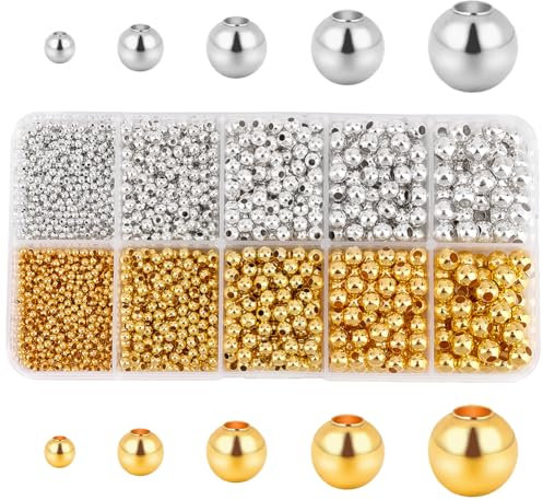 PH PandaHall 2340 Stück Abstandsperlen Aus Metall Runde Kugel Glatte Perlen 5 Größen Gold/Silber Für Armbänder Ohrringe Halsketten Ringe DIY Basteln Schmuckherstellung
