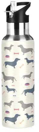 Botella de agua con pajilla a prueba de fugas, lindo perro salchicha, botella aislada al vacío para niñas y niños, deportes, 600 ml