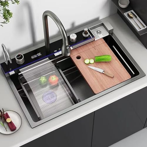 Fregadero de cocina, fregadero de acero inoxidable de un seno, fregadero sobre o bajo encimera, fregadero de cascada, negro, 80 * 45cm(Size:80 * 46cm)