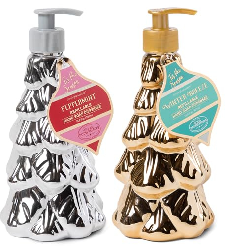 Simple Pleasures Metallic Christmas Tree Set of 2 Holiday Soap Dispenser with Scented Liquid Soap - Decorative Hand Pump Refillable Soap Dispensers for Kitchen and Bathroom Sinks