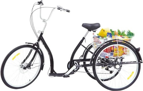 Dreirad für Erwachsene 26 Zoll Cityräder 6 Speed Lastenfahrrad Adult Tricycle Dreirad Cruise mit Korb Schwarz