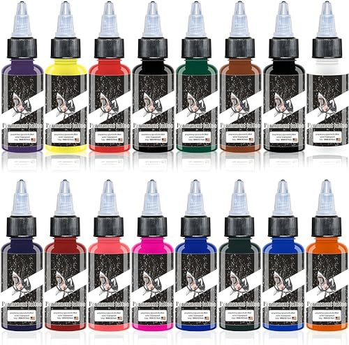 DLD 16 Flaschen Körper Tattoo Tinte Set Professionelle Bequeme Version Berühmte Tattoo Pigment Universal Vollfarb Tattoo Tinte Vegan Non-Toxic Haut Safe Permanent Tattoo Supplies (15ml pro Flasche)