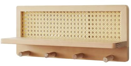 Étagères flottantes en rotin – Étagères Boho en rotin, support mural à crochets | Étagère murale de porte-manteau en rotin avec 4 crochets, étagère de rangement murale suspendue en rotin pour salle d'