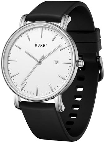 BUREI Herren Armbanduhren Mode Minimalistisch Analog Silikon Quarz Wasserdicht Uhren für Männer (Silber/Schwarz)