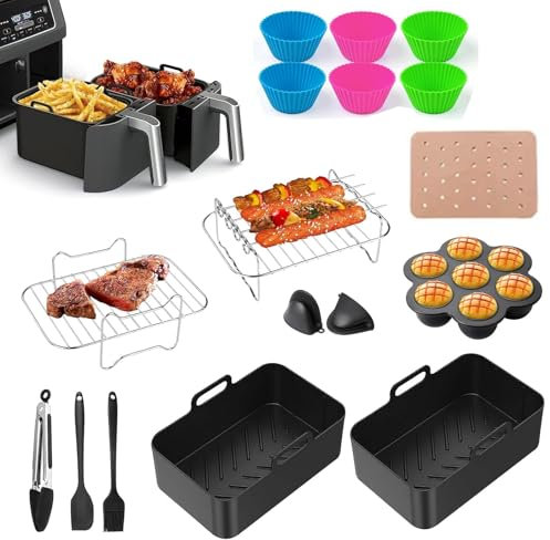 12 Pièces Accessoires pour friteuse Airfryer Moule Silicone pour Ninja Foodi AF300EU, AF400EU, 7.6L-9.5L Et autres friteuses à air Double Zone, Air Fryer Accessoires Moule Silicone Accessoire, Noir