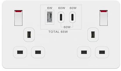 LIDER 2-Gang Switched 13A Double Socket with USB TYPE C & TYPE A, Power Delivery Fast Charging Wall Socket, Total Output 65W, PD 60W Max USB-C Output, Child Safe, White