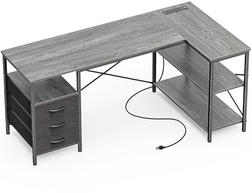 Huuger L Shaped Office Desk with Power Outlets, 55 Inch Computer Desk with 3 Drawers, Shelves, Reverisble for Gaming Corner Work Home Office Study, Grey