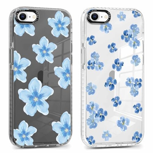 Phoona 2 Stück Handyhülle für iPhone 7/8/iPhone SE 2022/2020 Hülle 4,7'', Aesthetic Blau Blumen Muster Design Weiche Transparent Schwarz Silikon Schutzhülle Kratzfeste Stoßfest Bumper Case für Mädchen