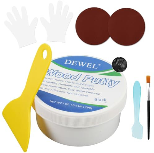 DEWEL Kit de réparation de mastic à bois - Noir - 200 g - Spatule de réparation à base d'eau - Trous et fissures