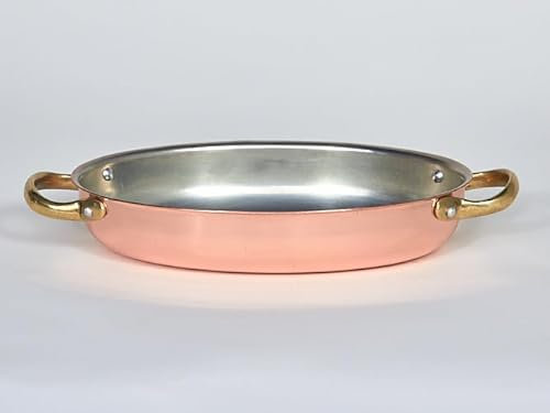 Niedriger ovale Kupferpfanne mit Messinggriffen und Innenausstattung, erhältlich in verzinnt, verschiedene Größen (20 cm)
