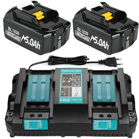2X 18V 5000mAh Ersatzakku + 6A DC18RD Dual Port Ladegerät Kompatibel mit Makita 14.4V-18V BL1830 BL1850 BL1860 BL1840 etc Werkzeugakku und DC18RD DC18RC DC18SF DC18RA DC18RF Ladegerät