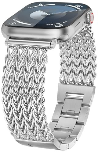 TOYOUTHS Compatible with Apple Watch Straps 38/40/41/42mm Women Dressy Stainless Steel Metal Gold Chain Strap Designer Cowboy Link Bracelet for iWatch Band Series 10 9 8 7 6 5 4 3 2 1 SE, Silver