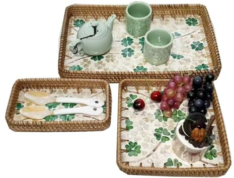Vassoio da portata in rattan con inserto in madreperla, confezione da 3 cestini rettangolari decorativi bohémien, per colazione, piatti da portata per pane, frutta, cibo, caffè (erba a quattro foglie)