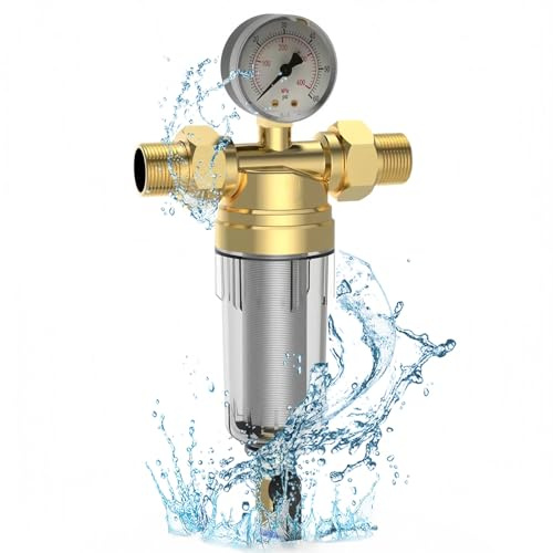 GOEDCH Rückspülfilter Wasserfilter: 1 Zoll Wasserfilter Wiederverwendbare, Spin-Down-Sedimentwasserfilter, Messing Druckregler, Wasser Vorfilter Sedimentfilter für Hausanschluss Hauswasserwerk Rohre
