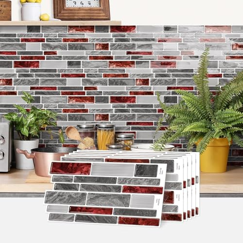 indabyo 20 Sheets Mosaic Marble Effect Tile Stickers Peel and Stick on Tile | Kitchen Bathroom Wall Self Adhesive Vinyl Waterproof Backsplash Sticky Tile Covers Decals (Grey Red)