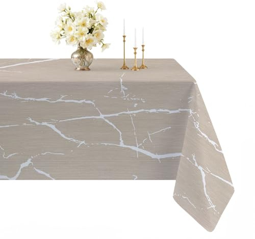 Arwllzz Abwaschbare Tischdecke Beige Modern Rechteckig Mitteldecke Tisch Tischdecken 100 x 140 Leinen Optik Marmor Weiß Tischwäsche Tischdeko Vintage Landhausstil Tischtuch für Draußen Gartentisch