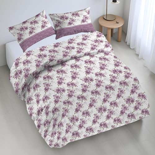 Riad Arredo Set Copripiumino Morbido 100% Puro Cotone Italiano - Parure Sacco Piumino con Federe Made in Italy (Roses Lilla, Matrimoniale 250x240 + 2 federe 52x82)