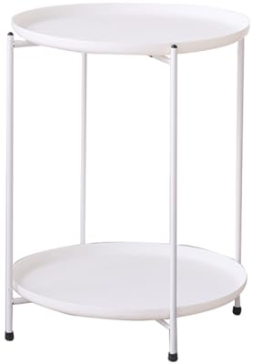 ZYFAB Kunststoff Beistelltisch mit Metallrahmen 2-Ebene Klein Rund Nachttisch Einfach Modern Couchtisch Werkzeuglose Montage Ecktisch Trinktisch für kleine Räume,Weiß