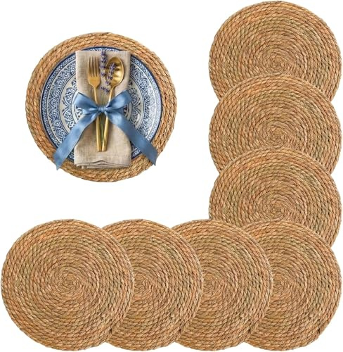 8 Stück Runde Platzsets 30cm, Natürliche Wasserhyazinth Tischsets Naturgeflecht Handgefertigte Boho Tischset Rund Geflochten Platzset Hitzebeständig und rutschfest für Restaurant Hotel Party Hochzeit