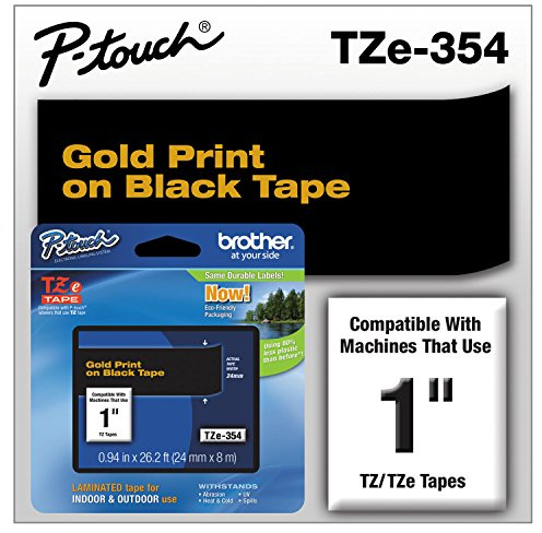 Brother Original P-Touch TZE-354 Klebeband, 2,5 cm (24 mm) Standard laminiertes P-Touch Klebeband, Gold auf Schwarz, laminiert für den Innen- und Außenbereich, wasserabweisend, 8 m, Einzelpackung