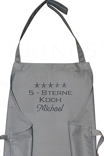 Krings Fashion PREMIUM Schürze - Hochwertige Latzschürze - 5-Sterne-Koch - Einzigartig Bestickt - Individuell anpassbar - Workwear Schürze - Deutsche Marke - Graphit