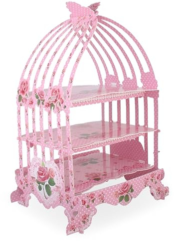 Trimming Shop Birdcage Cupcake Stand Vintage Style 3 - Tier Foldable Cardboard Cupcake Stand Dessert Tower Serving Platter, Wedding, Birthday, Parties, Tea Party Display Holder, Pink
