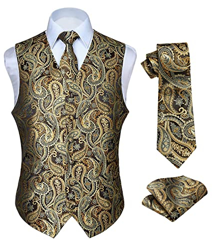 HISDERN Goldweste Paisley herren Blumen Hochzeit Schwarzes GoldWeste Krawatte Einstecktuch Taschentuch Jacquard Abschlussball Weste Anzug Set Gold, Gr.-M