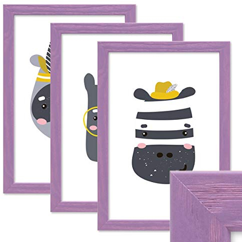 PHOTOLINI Bilderrahmen Kinderzimmer A4 21x30 cm Lila, 3er Set Wechselrahmen farbig, Holz, Acrylglas, Made in Germany, zum Aufhängen, mit Zubehör - für bunte Kinderbilder