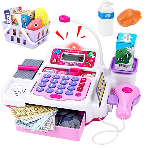 deAO Registratore di Cassa Giocattolo con Scanner, Microfono, Nastro e Lettore di Carta Set di Accessori per Negozi e Supermercati per Bambini Include Alimenti Giocattolo (Rosa)