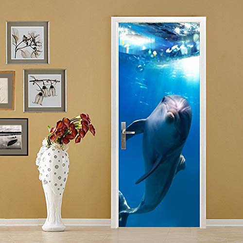 Türtapete Selbstklebend 3D TürPoster Delfin Wandaufkleber PVC Wasserdichte Fototapete Türfolie für Wohnzimmer Schlafzimmer Dekoration Wandtattoo 77x200 cm