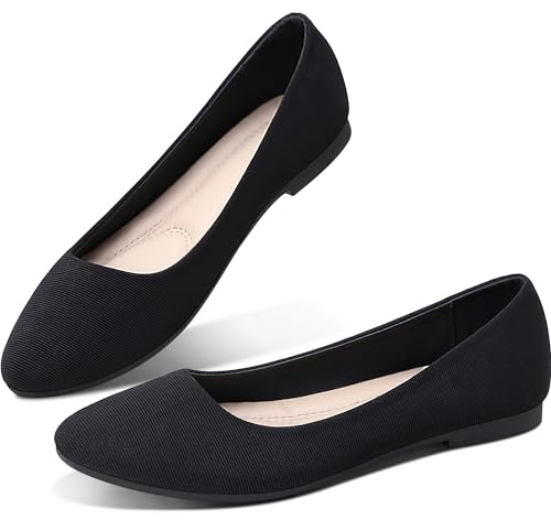 Womens Textile Flat Shoes Round Toe Slip on Shoes Fabric Dress Black Ballet Flats(Black,US9)