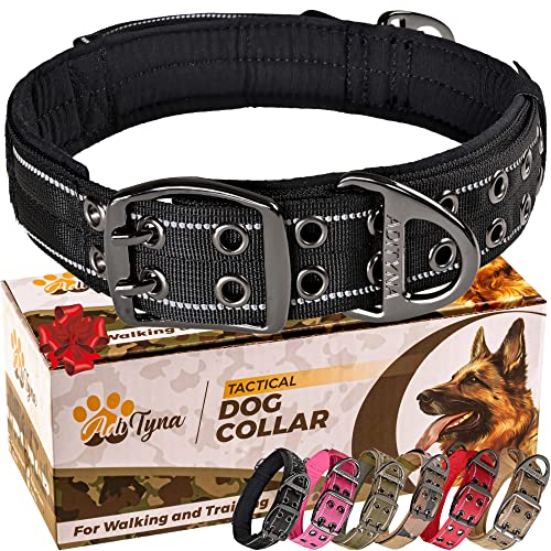ADITYNA Robustes Hundehalsband mit Griff – reflektierendes schwarzes Hundehalsband für große Hunde – breit, dick, weich gepolstert – perfektes Hundehalsband für Training, Spazierengehen oder Jagd