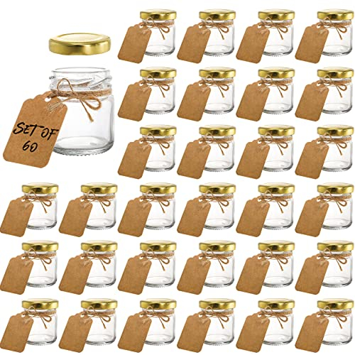 Kingrol Lot de 60 bocaux en verre de 1.5oz avec couvercles, mini bocaux Mason avec étiquettes personnalisées et ficelle pour épices, herbes, confitures, travaux manuels, cadeaux de mariage
