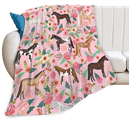 exroozy Pferdedecke, Geschenk für Mädchen und Frauen, niedliche Tierpferde, Blumen, Fleece-Flanell, Überwurfdecken, weich, leicht, Plüsch, rosa Decke für Pferdeliebhaber, Dekoration, Bett, Sofa, 152,4