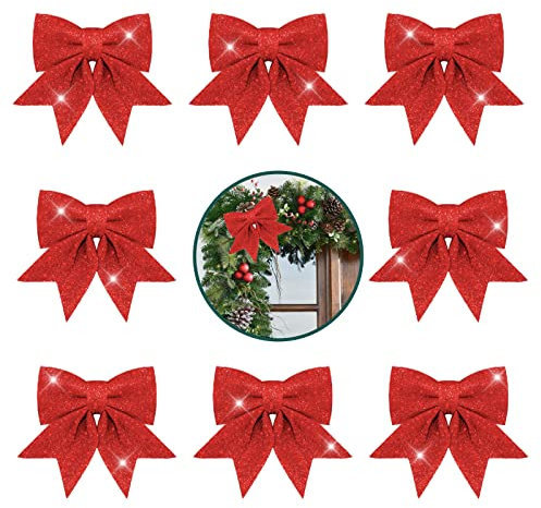 8 Stück glitzernde rote Weihnachtsbaum-Dekorationen, Schleifen, 14 cm, Kränze, Weihnachtsschleifen für Dekorationen, Pailletten-Bänder, Ornamente für Weihnachtsbaum, Girlanden-Dekorationen