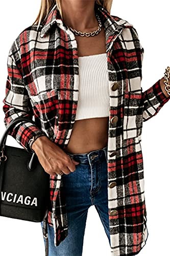 HVEPUO Veste chemise à carreaux Shacket à manches longues Chemisier Manteau en flanelle, c-rouge, XL