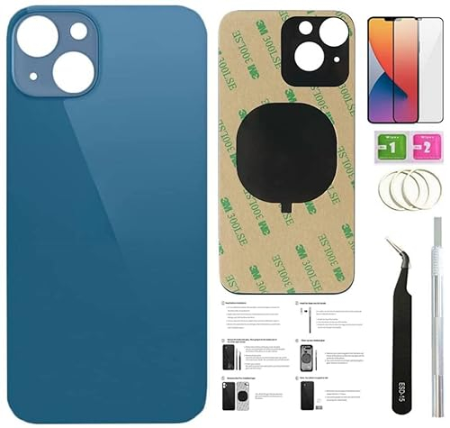 Day-market 13 Rückglas Ersatz für iPhone 13 Back Cover Glas (6,1 Zoll) mit vorinstalliertem Klebeband + Montageanleitung + Reparaturwerkzeug + Displayschutzfolie (blau)