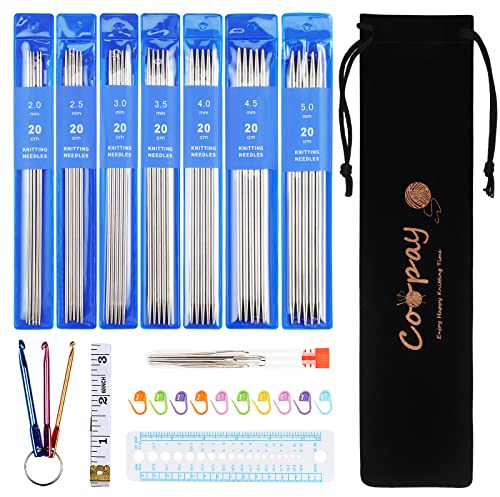 Coopay Set di ferri da maglia in acciaio inox, 2,0 mm – 5,0 mm, ferri da maglia a doppia punta con accessori e custodia, 35 aghi in metallo, 20 cm, corti dritti per calze e piccoli progetti