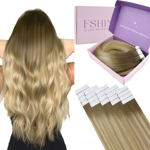 Fshine Tape in Extensions Echthaar 30 cm 30 g 20 Stücke Haarschonend Haarverlängerungen Echthaar Tape Kastanienbraun Verblasst zu Honigblond und Platinblond Farbe 6 27 60