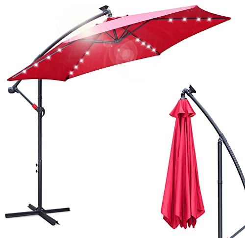 Ikodm Alu Ampelschirm LED Solar Sonnenschirm Rot Ø 350 cm mit Kurbel| Kurbelschirm mit Ständer | Gartenschirm Sonnenschutz UV-Schutz | Marktschirm wasserdicht