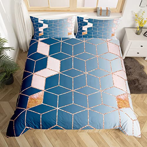Gradient Blue Duvet Cover Double Ombre Navy Bedding Set, Geometric Comforter Cover Honeycomb Bed Set, Rose Gold Sequin Print Bedding For Girls Boys Women Men Microfiber (Zipper Closure)