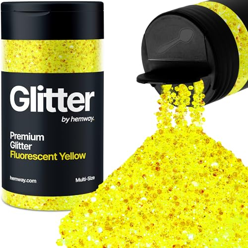 Hemway Premium Glitter Shaker - Fluorescent Yellow | 120g Multi Size Metallic Flake Sequins for Resin & Epoxy Crafts | Craft Supplies for Tumblers, Festival, Hair, Face, Body, Eye & Nail Art
