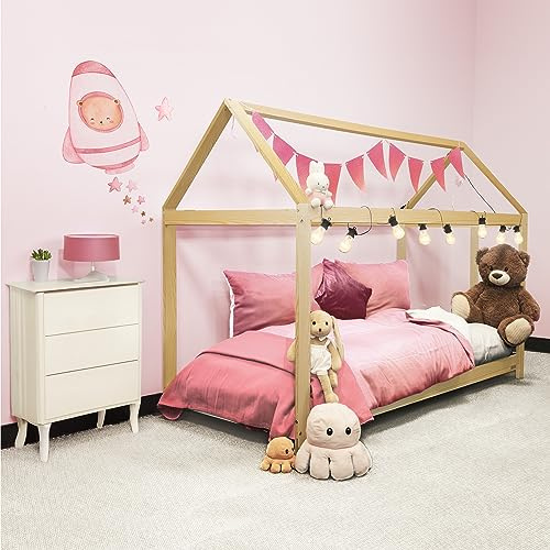 PINEEA Hausbett 90x200 - Kinderbett Haus aus Kiefernholz - Kinder Bett 90x200cm mit Lattenrost für Jungen & Mädchen - Haus Bett Leicht zu Montieren - Unterstützt Kreativität