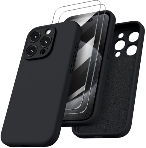 ORNARTO Compatible with iPhone 15 Pro Max Case Shockproof with 2pcs Screen Protectors, Waterproof Liquid Silicone Rubber Full Cover Protective Case for iPhone 15 Pro Max 6.7 inch-Black